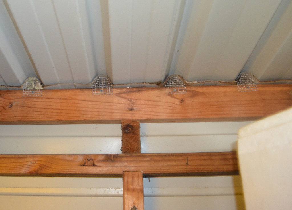 Photo of mesh being used to block gaps between the roof and walls of a insect farm. The metal mesh has been cut to size and prevents large pests such as rats, mice and geckoes.