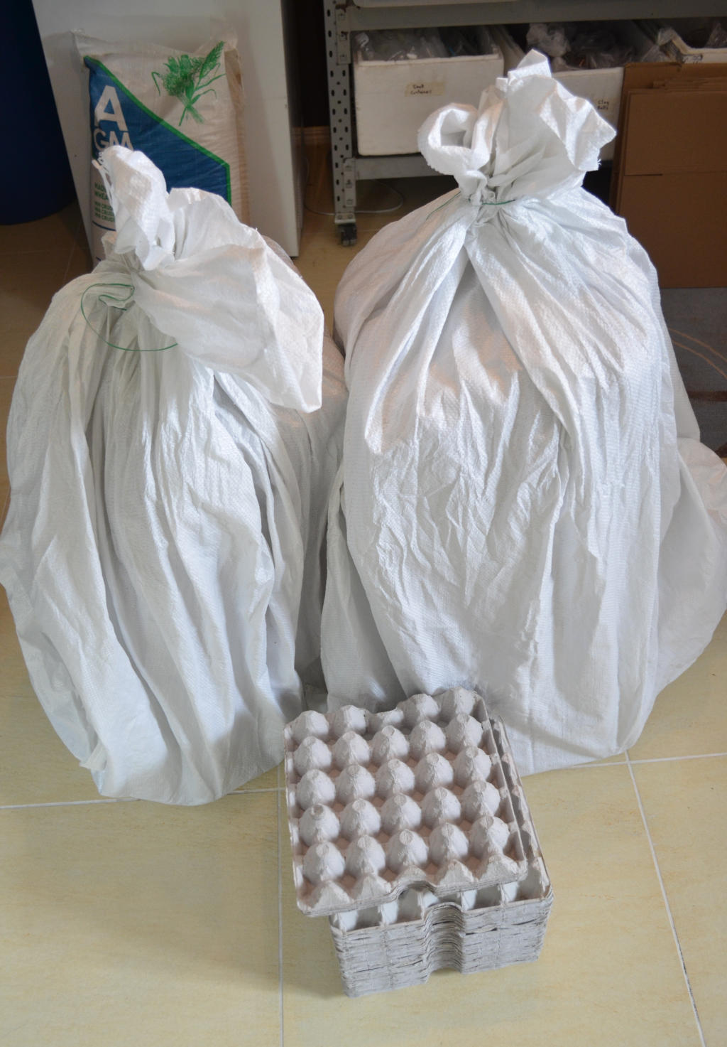 photo of two piles of egg cartons stored in large white bags. Bags prevent pests infesting egg cartons for insect farms.